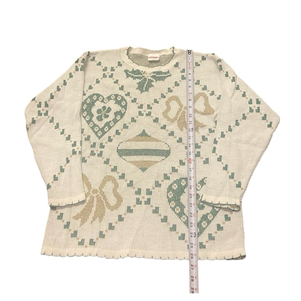 VTG Christmas Sweater S Mistletoe Glitter Ornaments Holiday Bow Gold‎ Green - Picture 4 of 7